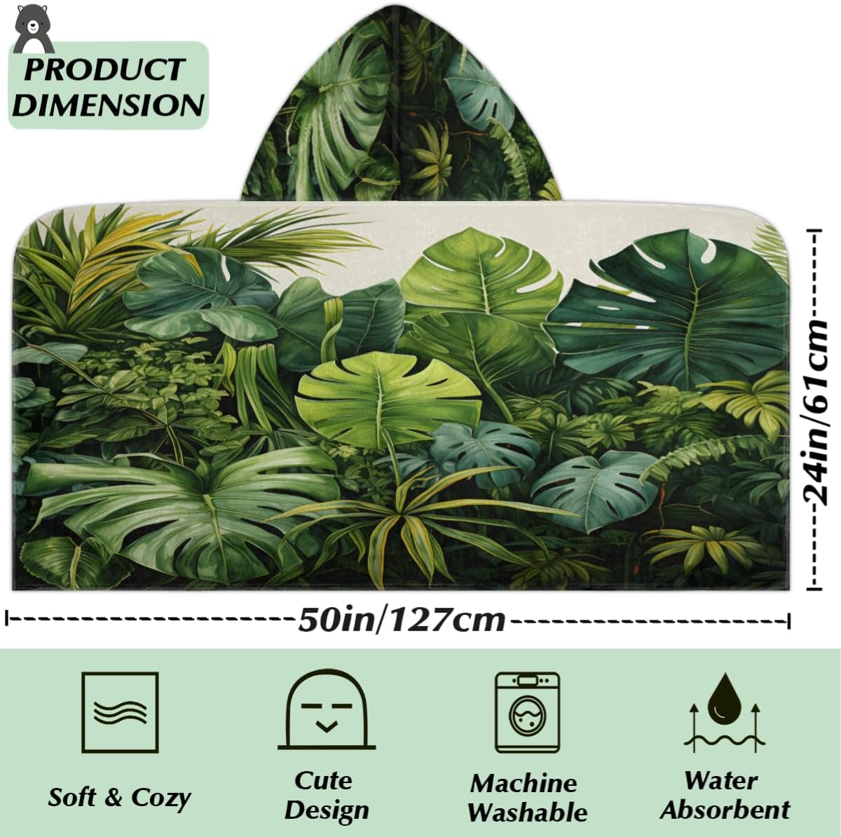 Pardick Kids Bath Towel Tropical Leaves Beach Towel with Hood Pool Cover Up for Girls Boys Soft Absorbent Hooded Bath Towel Toddler Towels for Beach, Pool