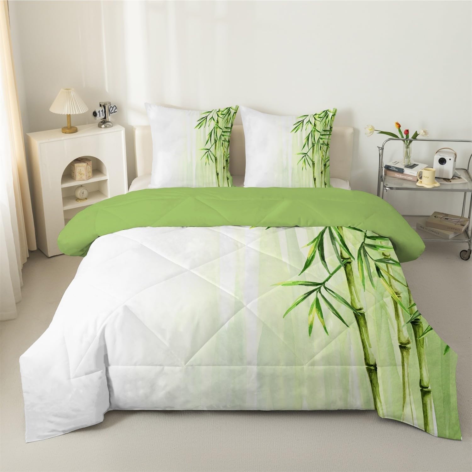 Couette 240x260 bambou vert avec 2 taies d'oreiller pour lit 2 personnes