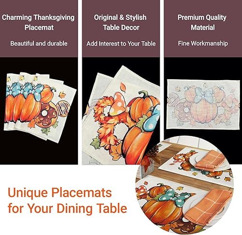 Miniatura 3 de Juego de 6 manteles individuales de calabaza de otoño, color naranja, para Acción de Gracias, lavables, para cosecha de hojas, resistentes al calor,