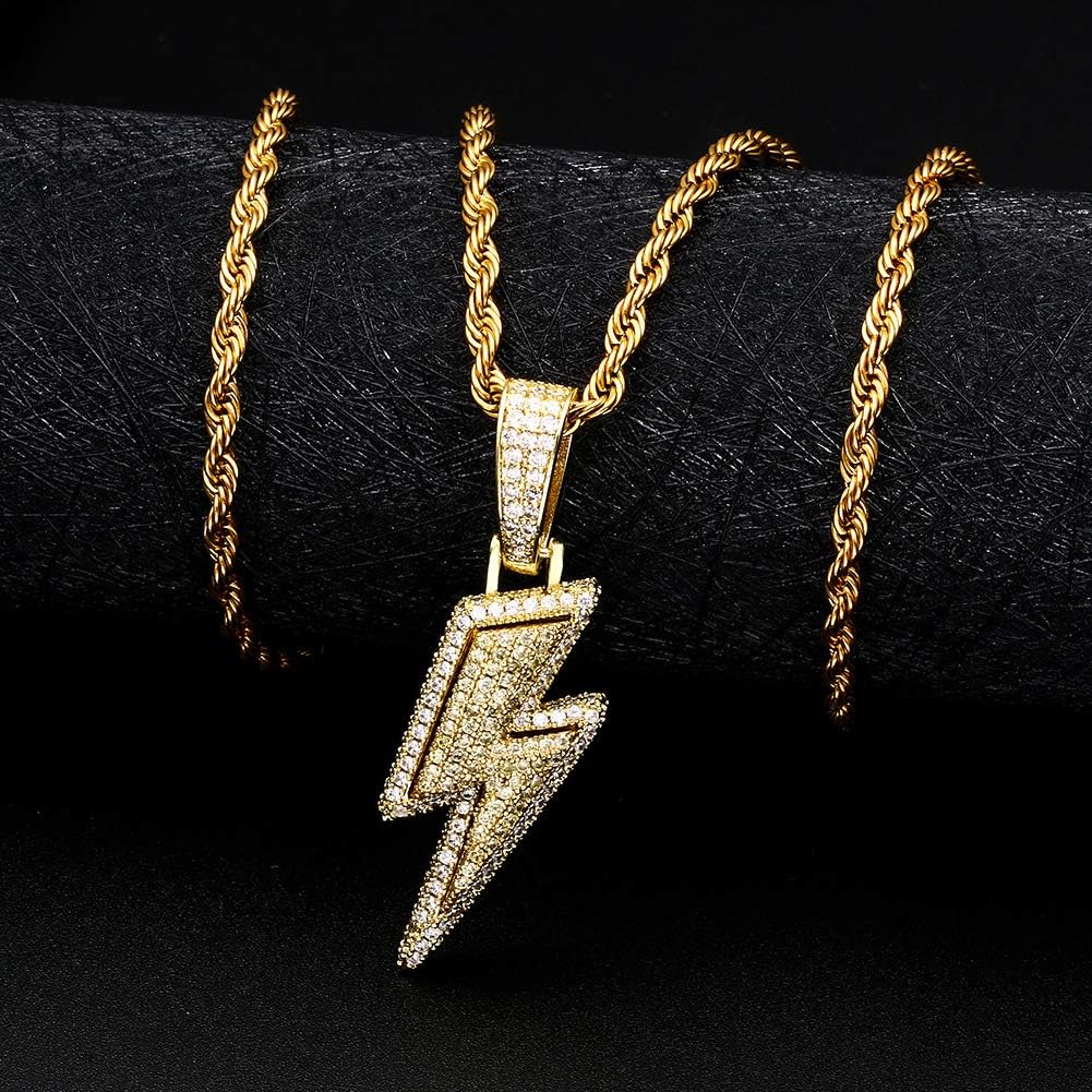 TUHE 18K Gold Plated AAA CZ Iced Out Lightning Bolt Design Pendant Necklace for Men Women Simulate Diamond Accents Bling Bling Hip Hop Charm Necklace with Stainless Steel Rope Chain in Platinum Plated