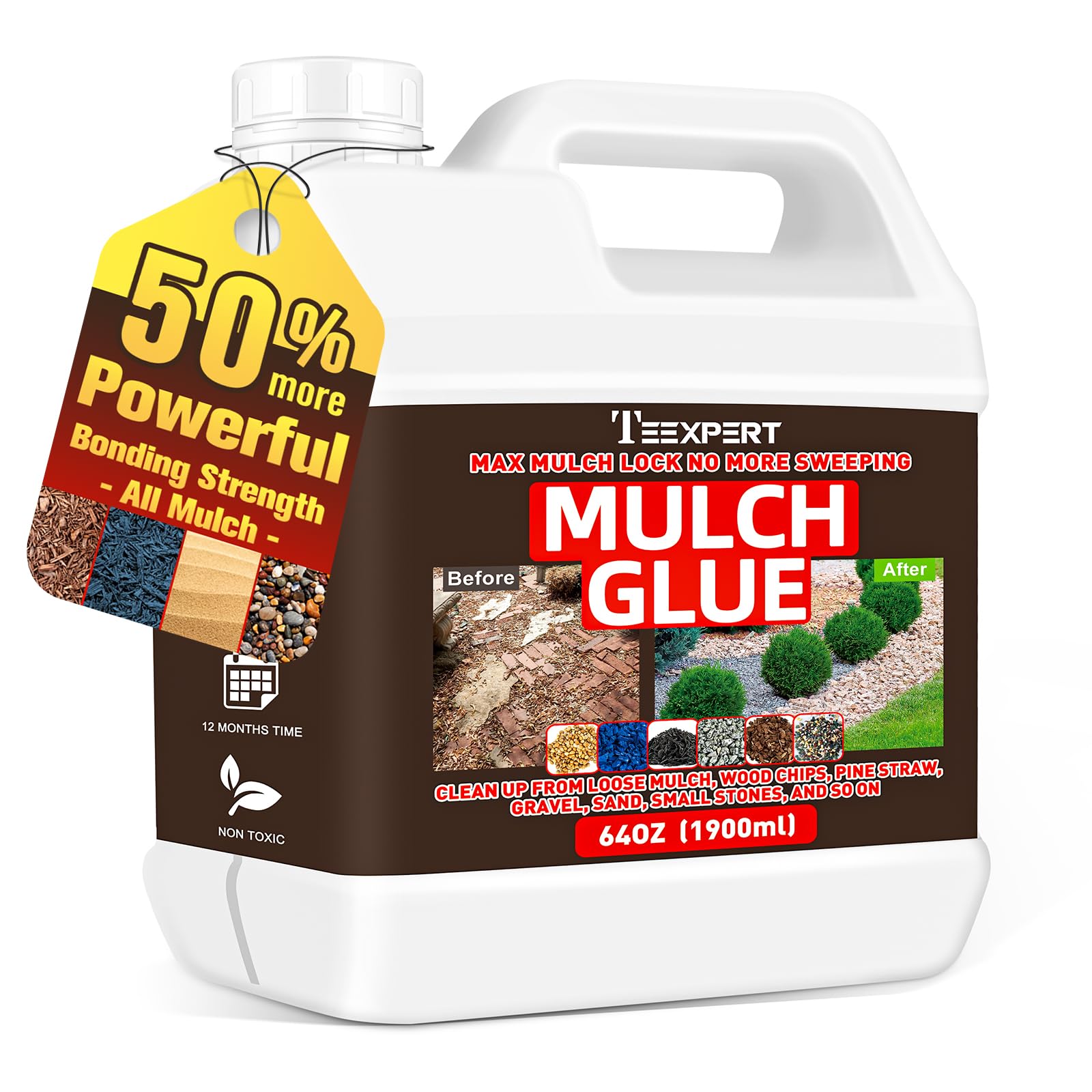 Teexpert Strong Mulch Glue for Landscaping - 64OZ Ready to Use for Garden, Fast-Dry Safe Rock Glue, Gravel Binder, Mulch Lock & Pea Gravel Stabilizer