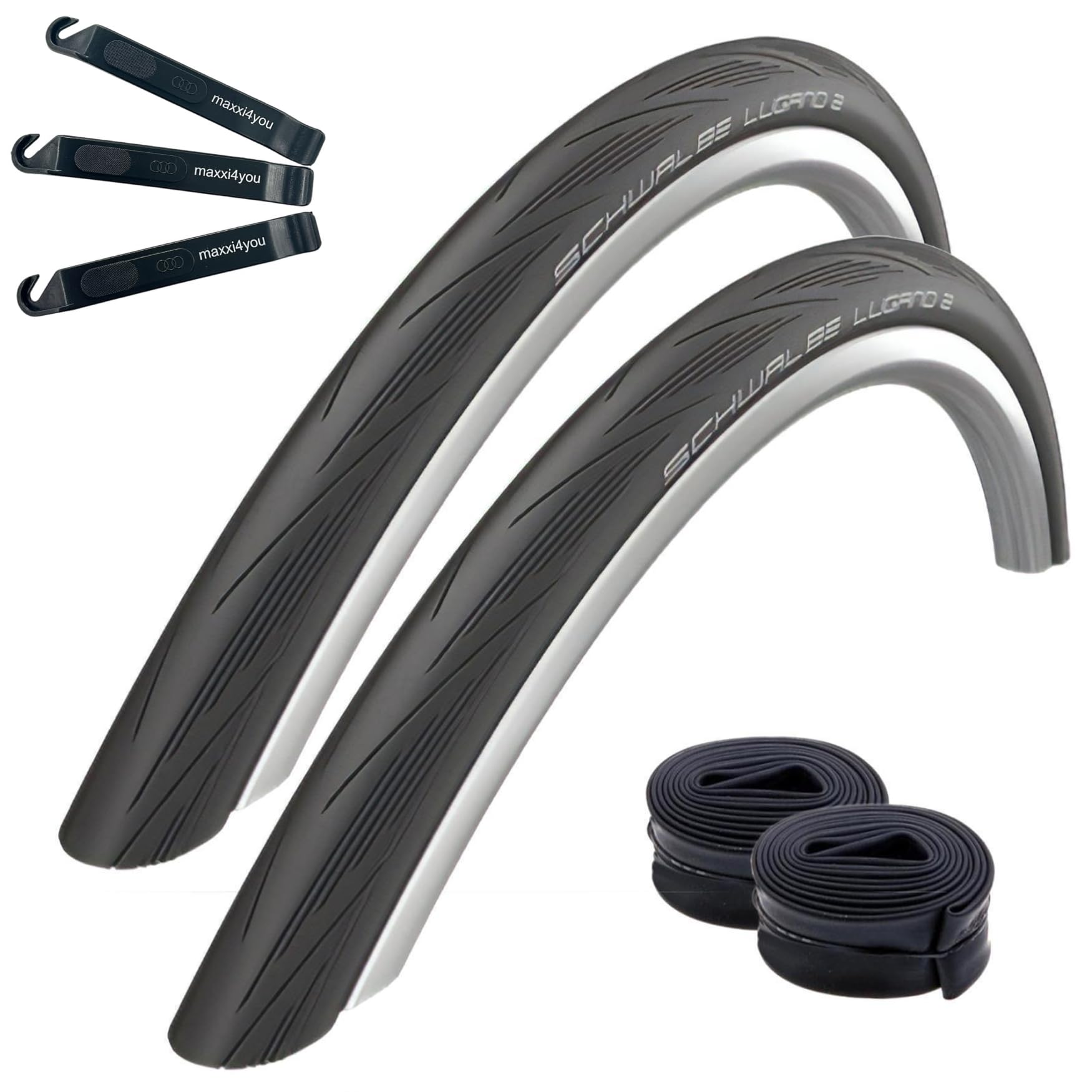 2 x Schwalbe Lugano 2 28" Rennradreifen in Schwarz 25-622 (700 x 25C) + 2 Schwalbe Schläuche SV15 lang (60 mm) inkl. maxxi4you Reifenheber