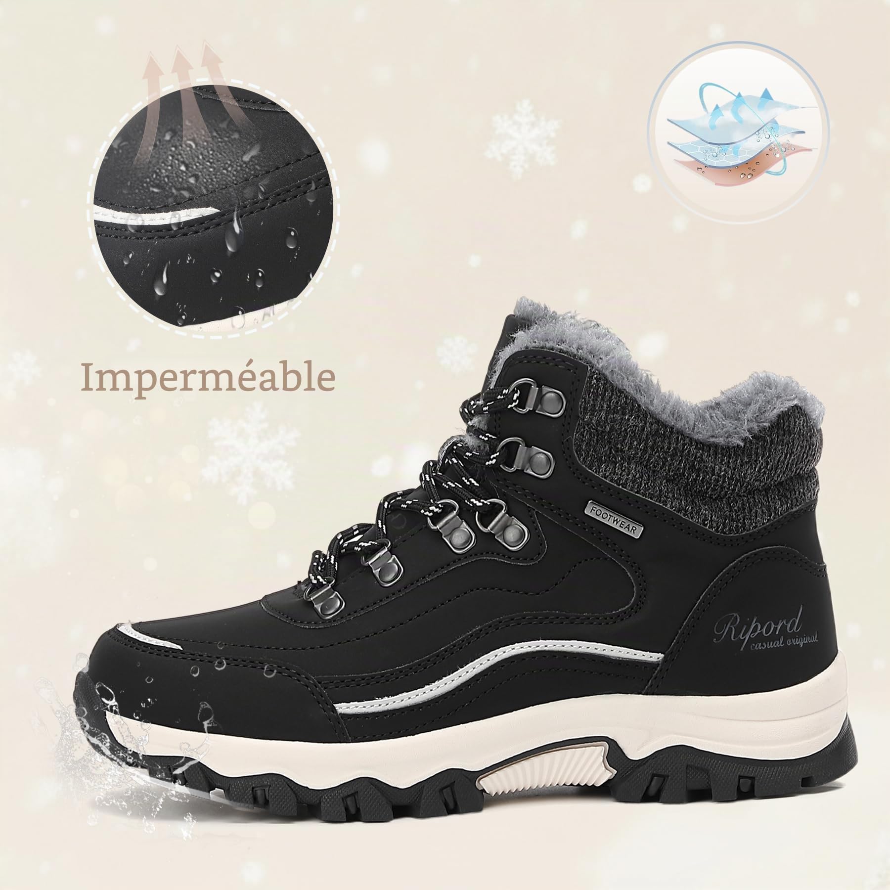 Bottes de Neige Femme Hiver Bottines Fourrées de Randonnée Boots 36-41 | Bottes d'hiver unisexes imperméables avec doublure en fourrure chaude pour le travail en plein air et les voyages