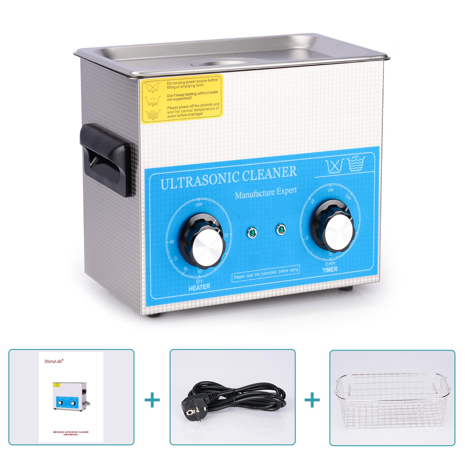 stonylab Limpiador Ultrasónico, Acero Inoxidable 304 limpiadores Ultrasonidos Profesional Multiusos con Panel de Control Mecánico de Calefacción y Temporizador para Laboratorio 40kHz 220V, 3.2L