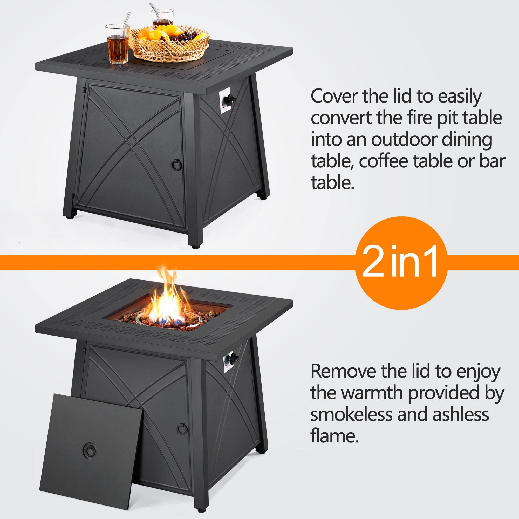 Yaheetech 28 Inch Gas Fire Pit Table with Lid and Iron Tabletop for