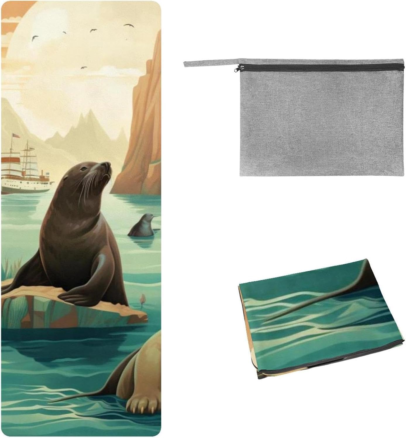 Yoga Towel, Sea Lion Pattern Non Slip Sweat Absorbent Hot Yoga Mat Towel for Hot Yoga, Pilates and Fitness - 72.8" x 26.8"