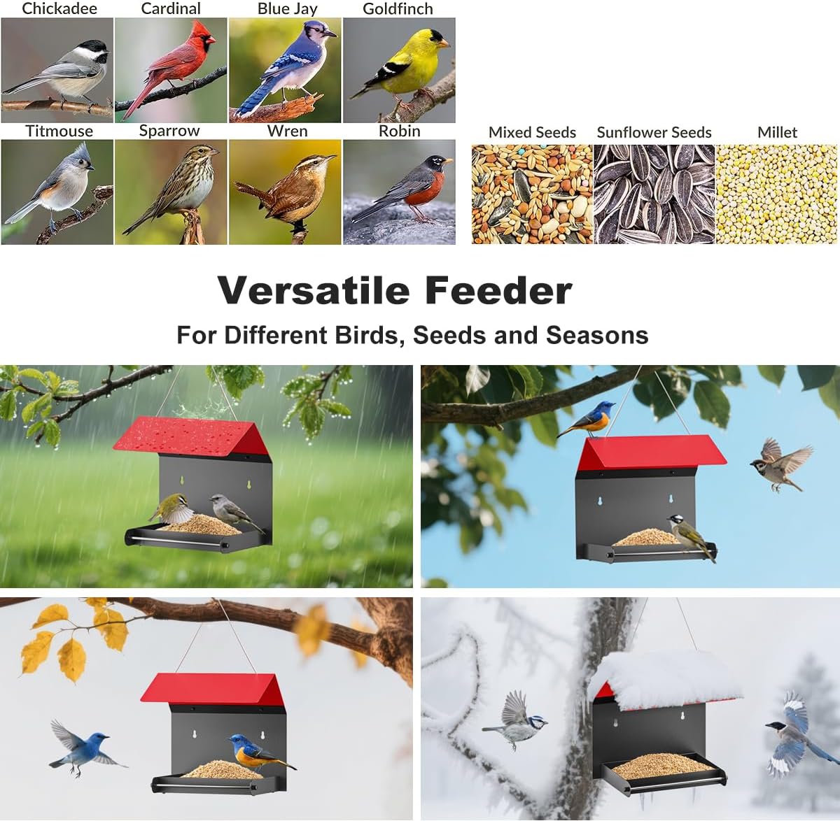 FANHAO Metal Bird Feeder for Outdoor, Hanging & Wall Mounted Wild Bird Feeder with Perch and Drainage Mesh, Weatherproof Hanging Platform Bird House for Attracting Birds, Easy to Clean & Refill