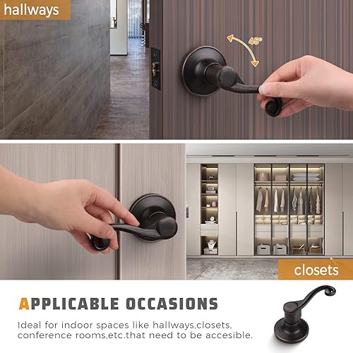 Miniatura 3 de KNOBWELL Paquete de 8 manijas de puerta comerciales de paso, manijas de puerta interior para diestros, manijas de puerta de bronce aceitado en forma