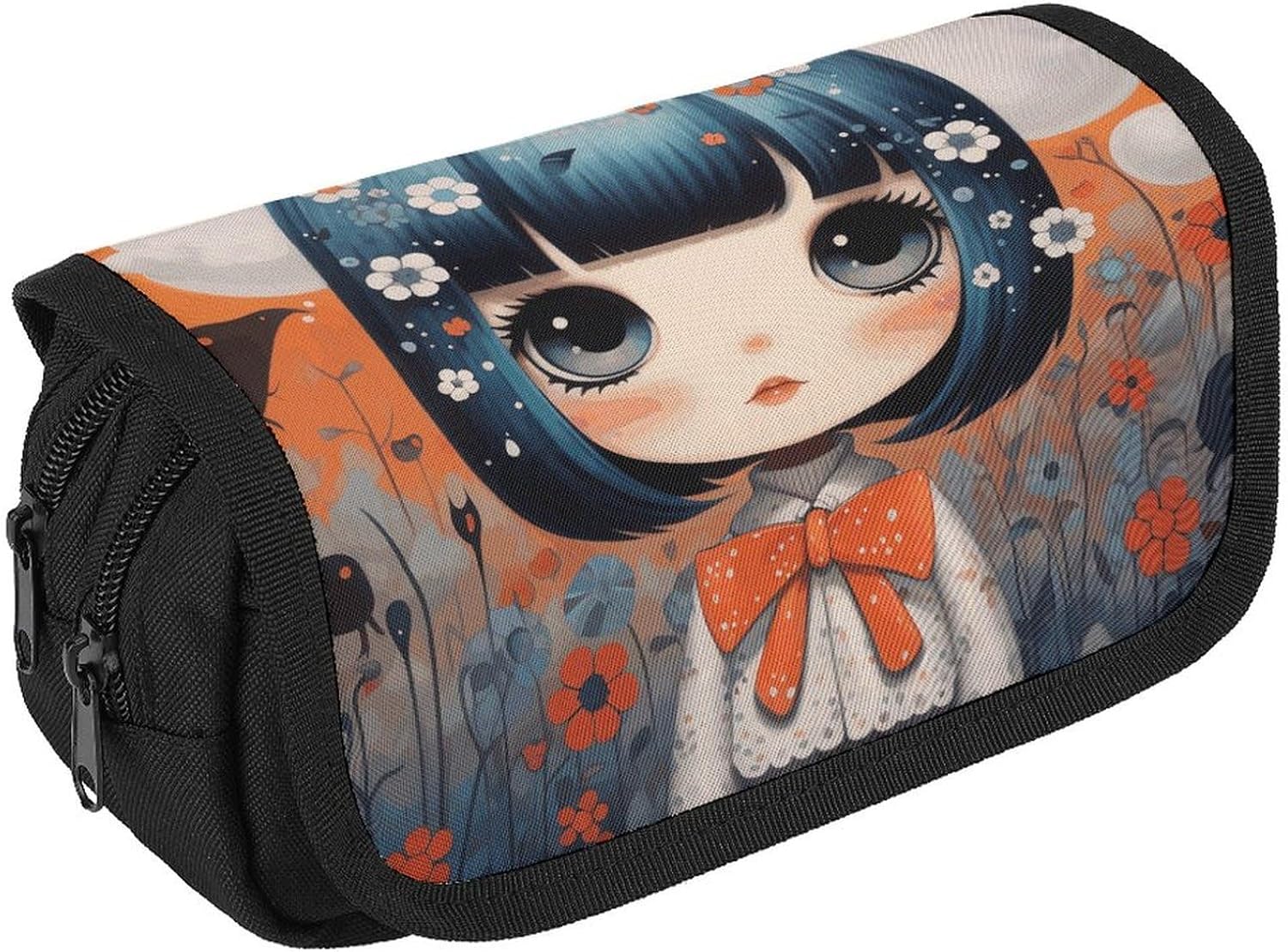 Anime Pictures Pencil Case Organizer Large Capacity Cute Pen Pouch with 3 Compartment Office Stationery Large Pencil Bags with Zipper Fabric Pen Bag for Adults Portable Makeup Bag (Black)