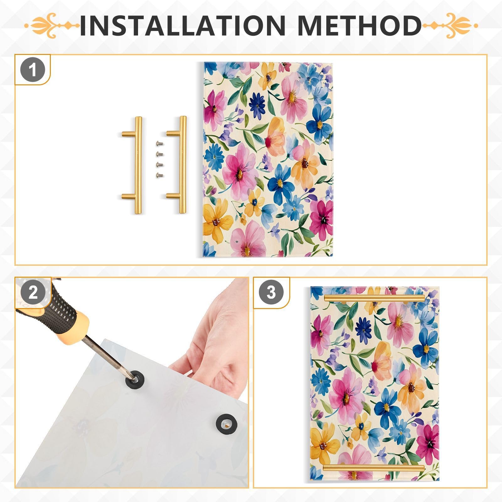 BOESI Watercolor Colorful Flowers Tray, Tray with Handles, Countertop Organizer, Decorative