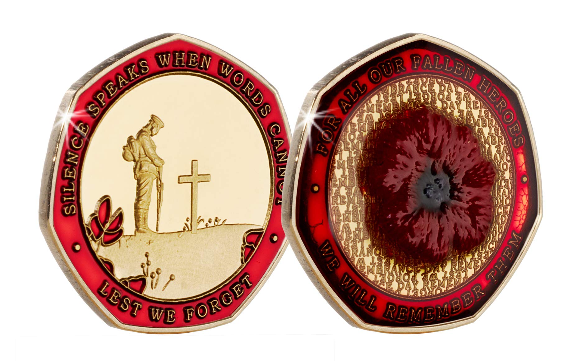 The Commemorative Coin Company Red/Gold Armistice/Remembrance Commemorative With Embroide Poppy, Enamel And Resin Coating. Ww1 Ww2. Unique Item. Capsule. 24Ct