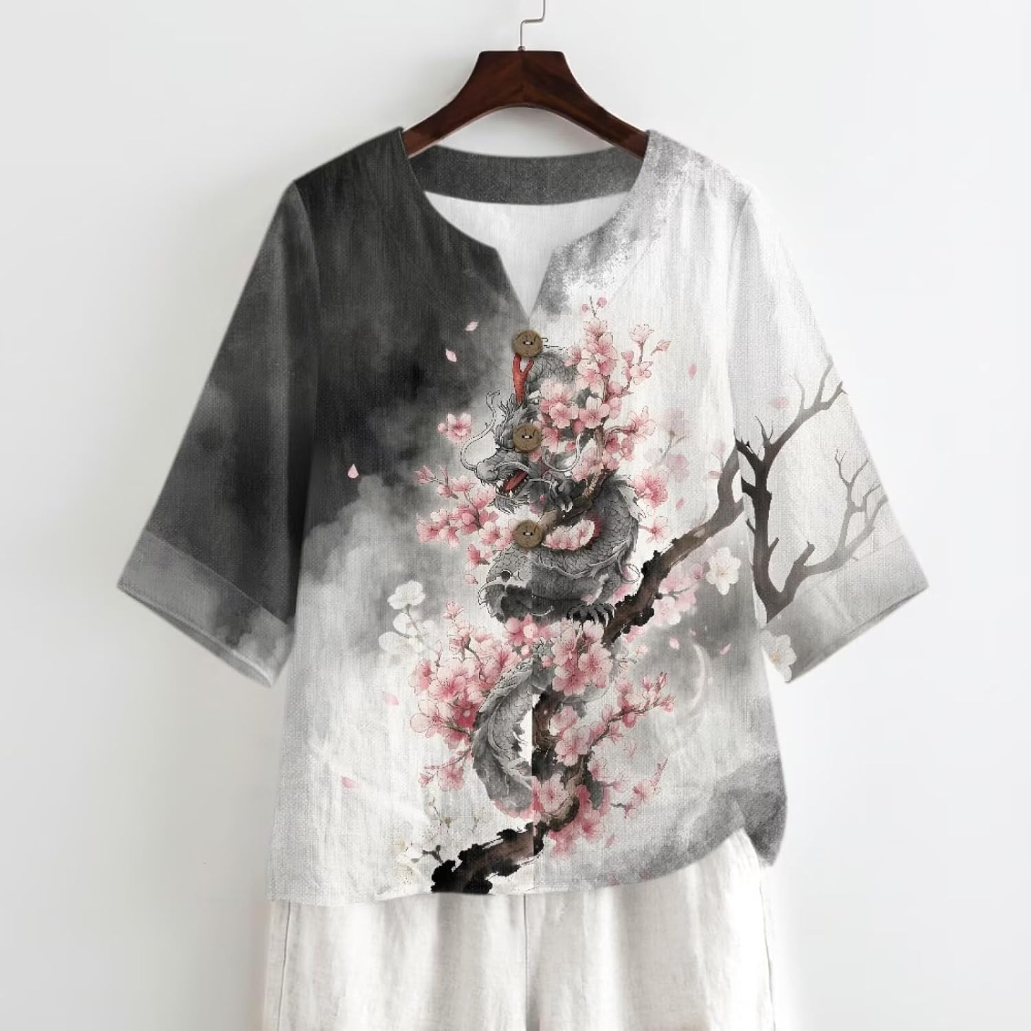 Womens Blouses Tops Spring Button Down Shirt Blouse Casual V Neck Tops 3/4 Sleeve Shirts for Women