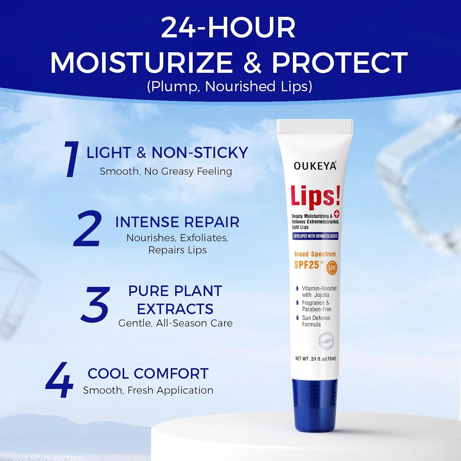 2 Pack, Medicated Lip Balm w/Organic & 100% Natural Ingredients, Squeeze Tube Lip Butter SPF 25+ Long-Lasting Moisturizing Overnight Lip Mask Gentle Exfoliation Extreme Dry Lips Treatment