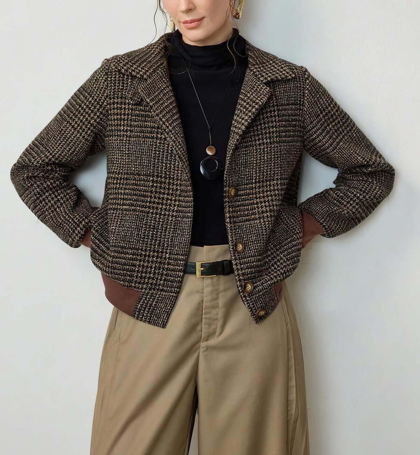 chouyatou Women's Fall Winter Plaid Wool Bomber Jacket Coat Stand Collar Boyfriend Cropped Outerwear - Image 6