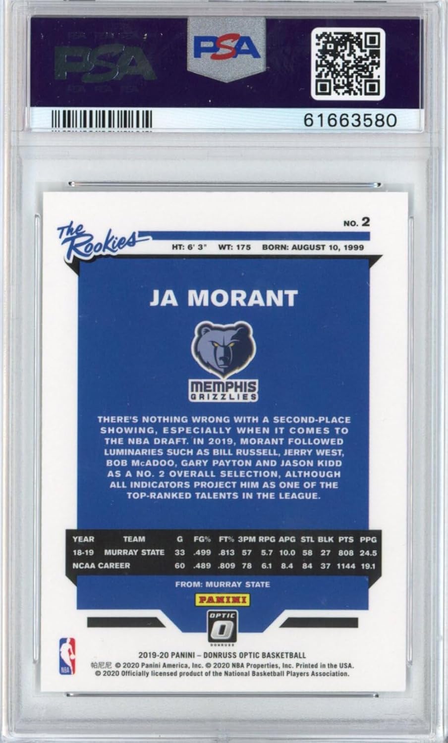 Graded 2019-20 Panini Donruss Optic Ja Morant #2 The Rookies RC Basketball Card PSA 10 Gem Mint