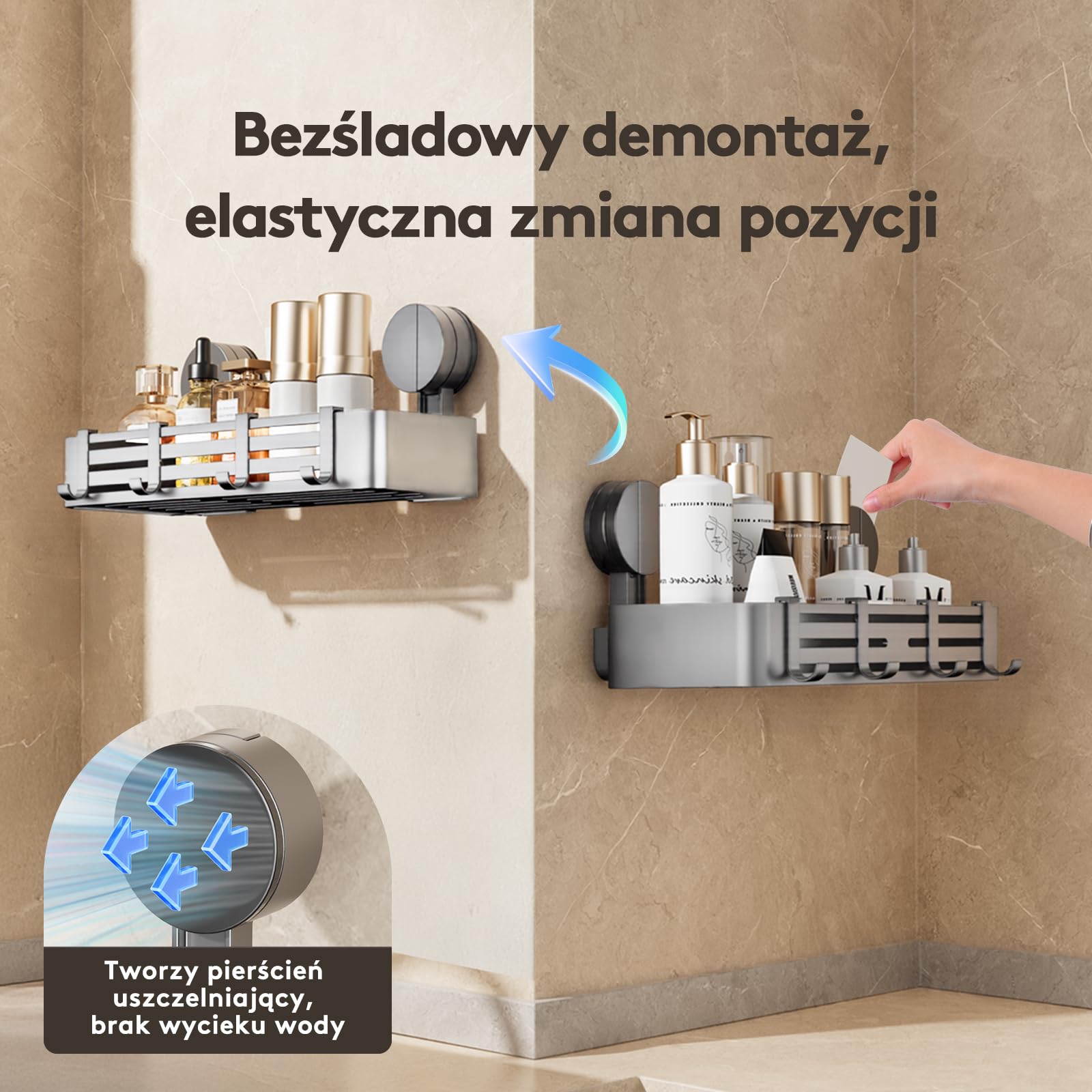 Prysznicowa Półka Z Przyssawką Bez Wiercenia | 4 Haczyki, Długość 32 cm, Nośność 10 kg, Montaż W 1 Minutę | Demontowalny I Nierdzewny Uchwyt Do Szamponu Pod Prysznic