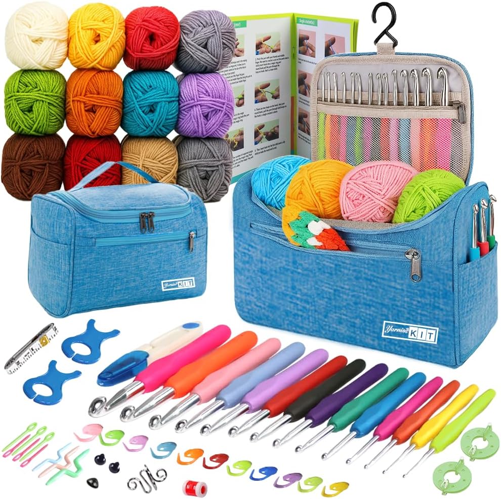 Yarniss Crochet Kits for Beginners - 840 Yards Yarn for Crocheting with 14 Size Hooks 2.0-10.0mm,Learn to Crochet Set with Bag&Accessories,Turquosie
