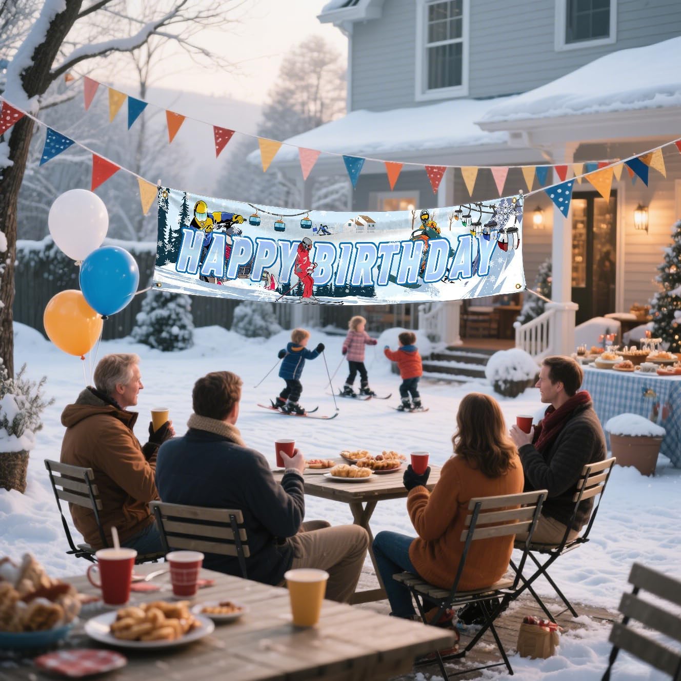 Skiing Happy Birthday Banner Skiing Party Yard Sign Decorations Skiing Yard Banner for Winter Sports Themed Birthday Party Supplies Snow Skier Themed Party Backdrop Photo Booth