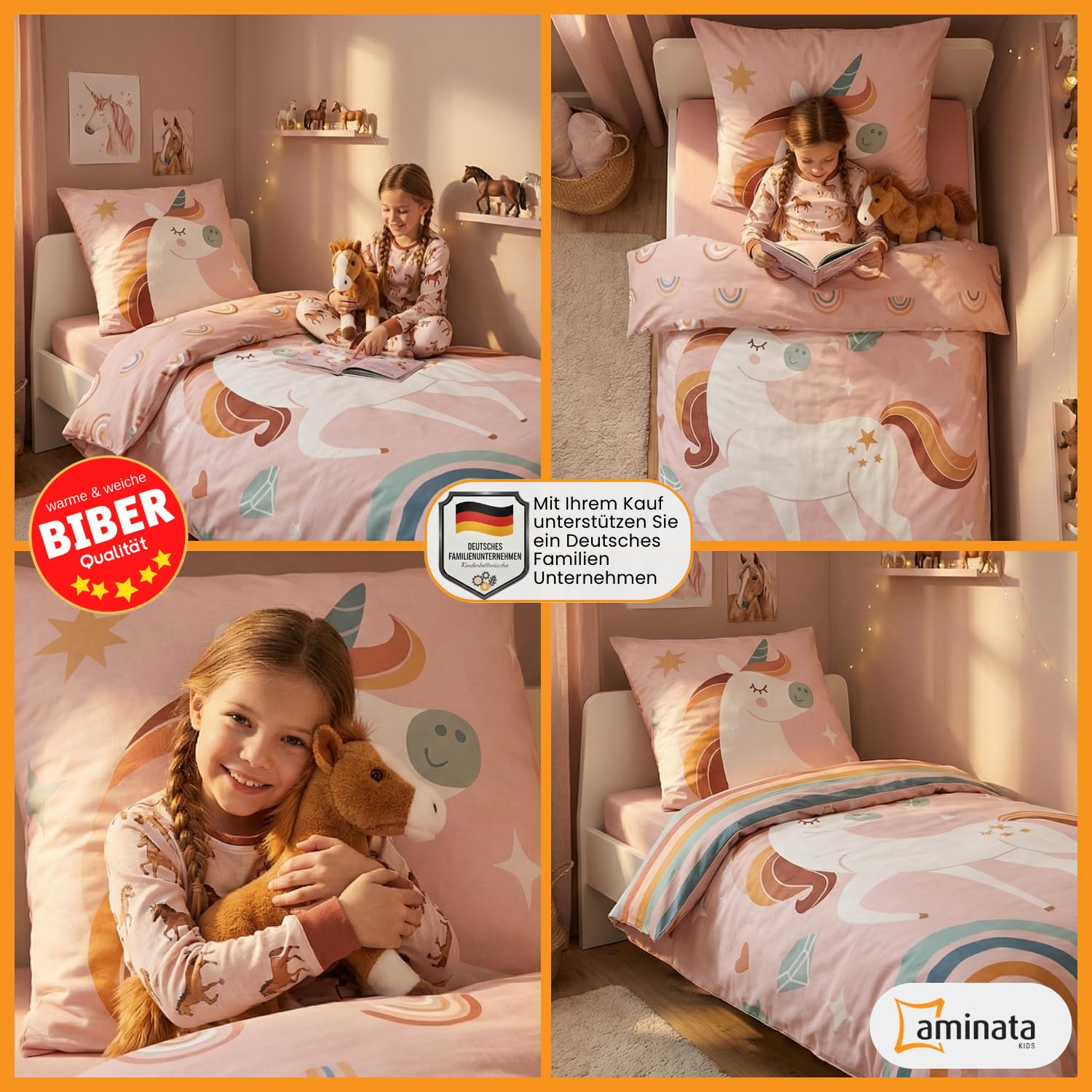 Aminata kids Bettwäsche 135x200 Biber Einhorn 100% Baumwolle Rosa