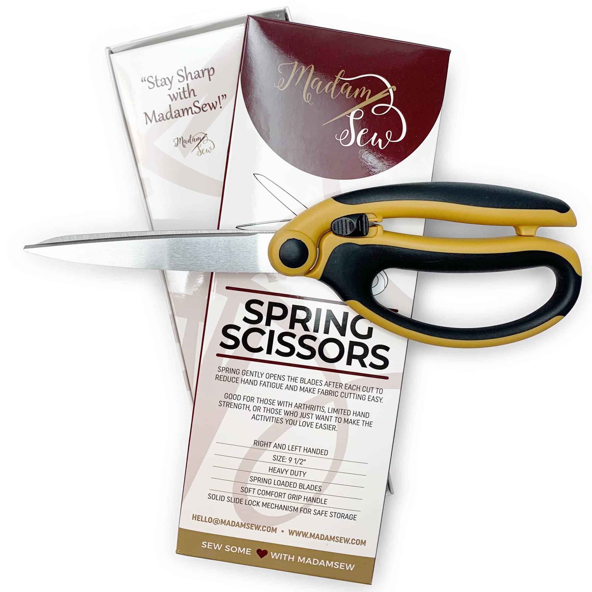Madam Sew Spring Loaded Scissors | Premium 9.5" Fabric Shears with Precision Blades, Slide Lock, and Anti-Slip Grips | Ideal for Right or Left Hand Sewing | Heavy-Duty All-Purpose Craft Scissors