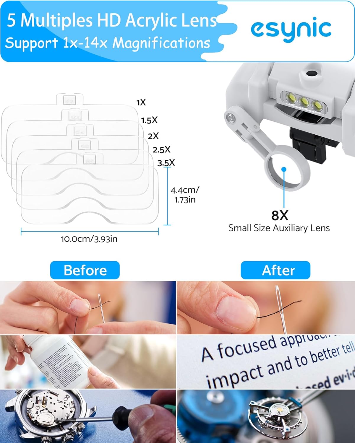 eSynic Comfortable Head Magnifier with Light Storage Case Rechargeable 1X-14X 5 Acrylic Lenses Double Lens Design Adjustable Headband Magnifying Glass for Reading Crafts Jewelry Repair Close Work