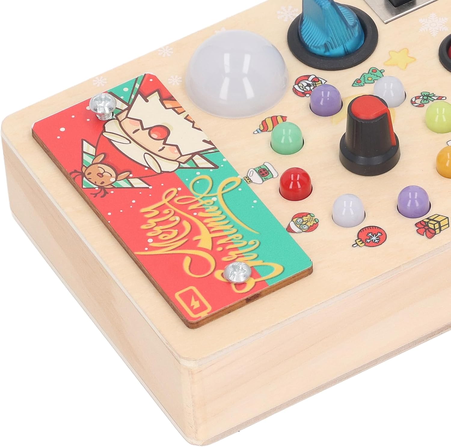 Busy Toddler Board with 8 LED Light Switches, Wooden Sensory Toy for Under 1 Year Old, Christmas Style Busy Controller Board with Eye - Safe Lights for Early Learning and