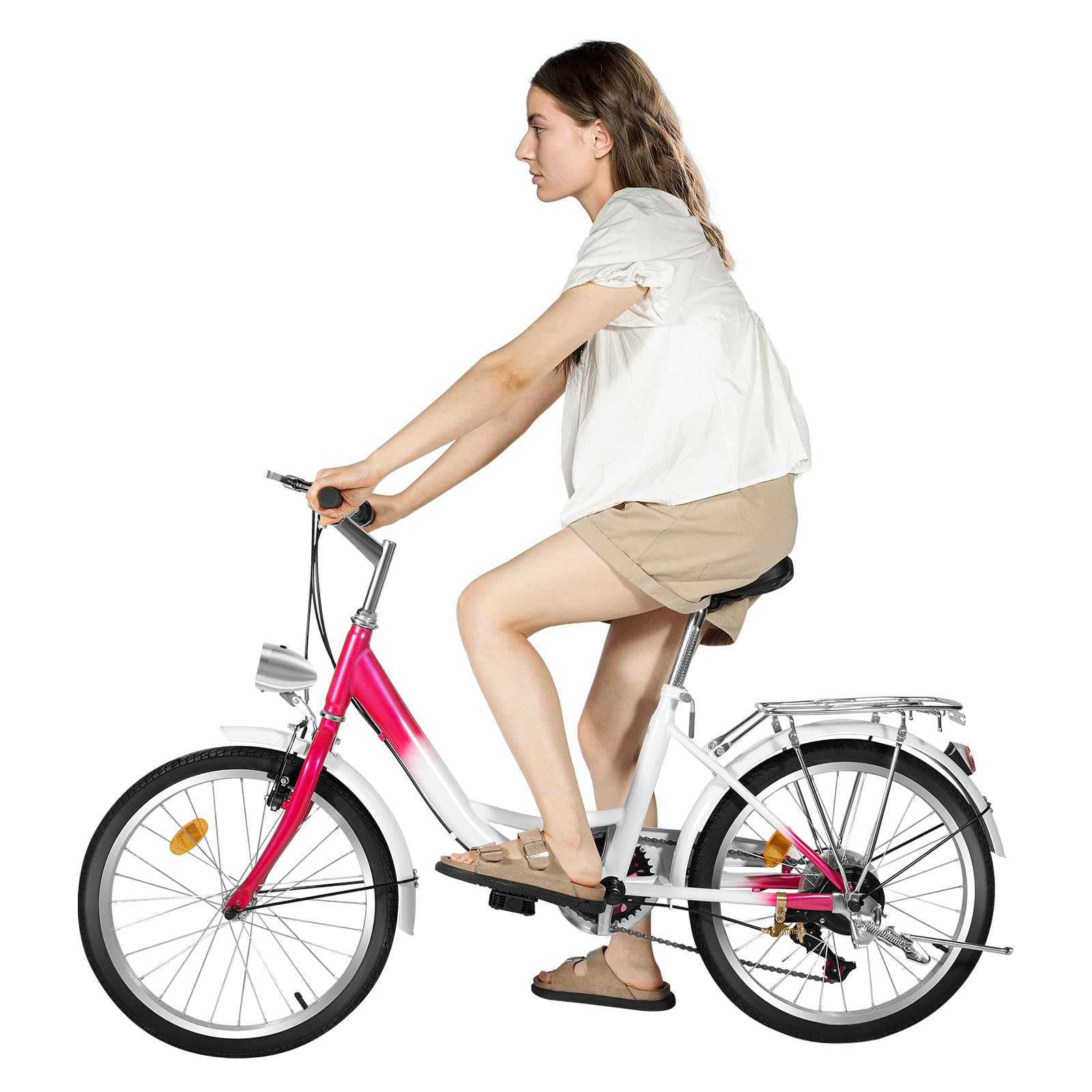 Vélo de ville 20 pouces, capacité de charge 90 kg, 6 vitesses, cadre en acier avec éclairage LED et porte-bagages pour la ville, la plage, l'utilisation quotidienne