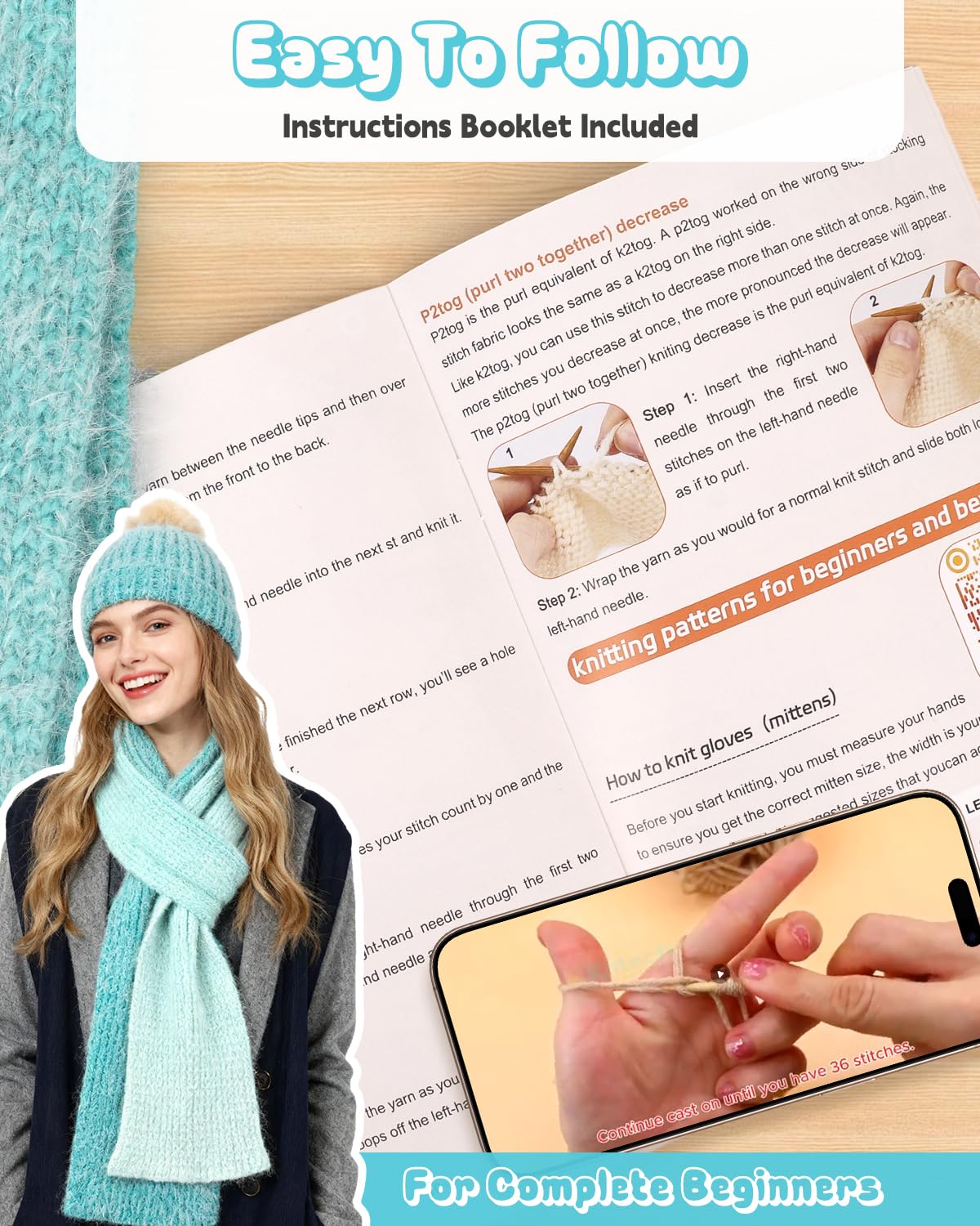 Katech Strickset für Anfänger, Erwachsene, Kinder, Anfänger, Strickset | Komplettes Strickset für Mütze, Schal, Handschuhe, mit Schritt-für-Schritt-Video-Tutorials, ideales Geschenk