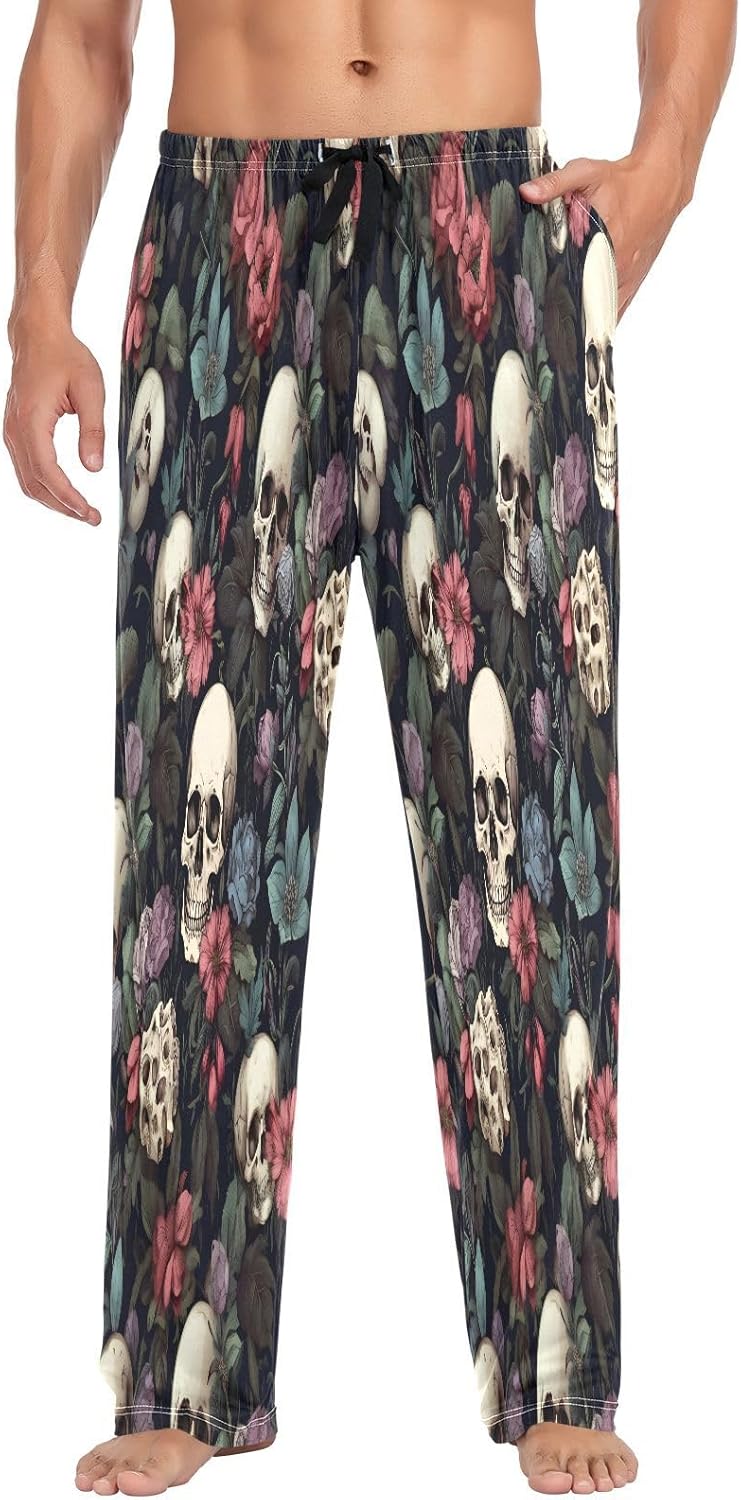 ALAZA Vintage Skull Flowers Men's Pajama Pants Men Cotton Pajama Bottoms with Pockets, S