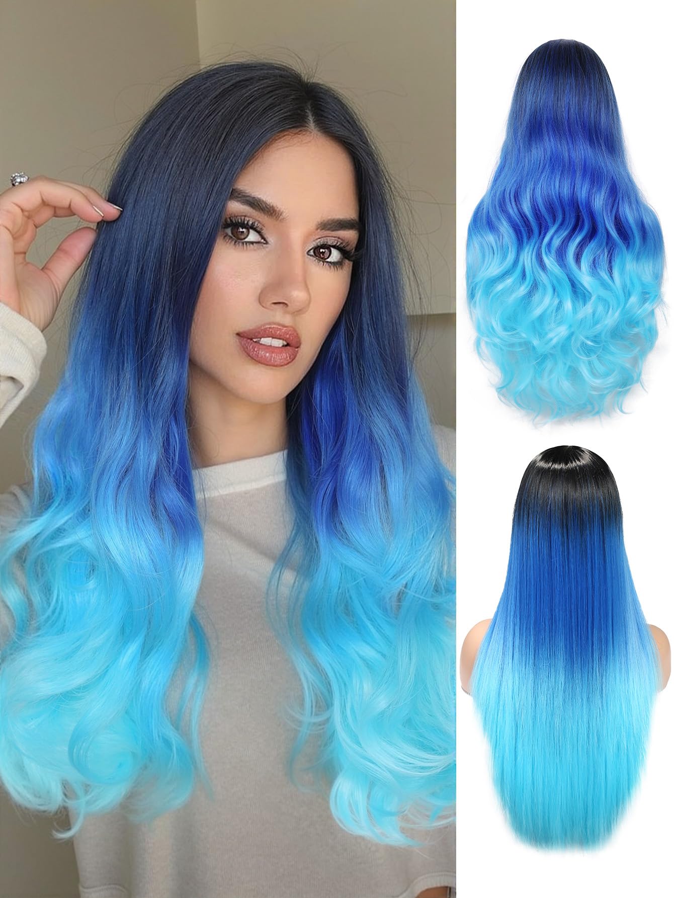 HANNE Long Blue Wavy Wigs for Women 26 Inch Middle Part Blue Ombre Wig Body  Wave Long Curly Synthetic Wig Heat Resistant Black and Blue Wigs Colorful