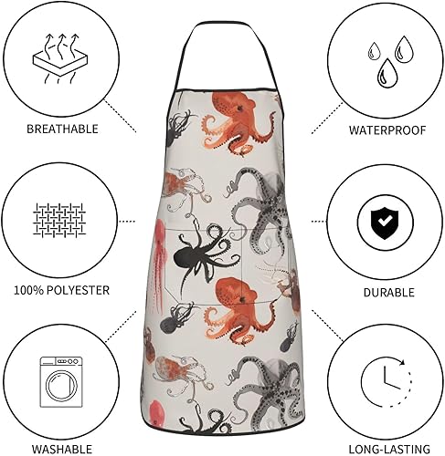 Miniatura 8 de BREAUX Color Octopus Print Apron, Apron With Pockets, Adjustable Bib Apron, Chef'S Apron, Bbq Apron, White