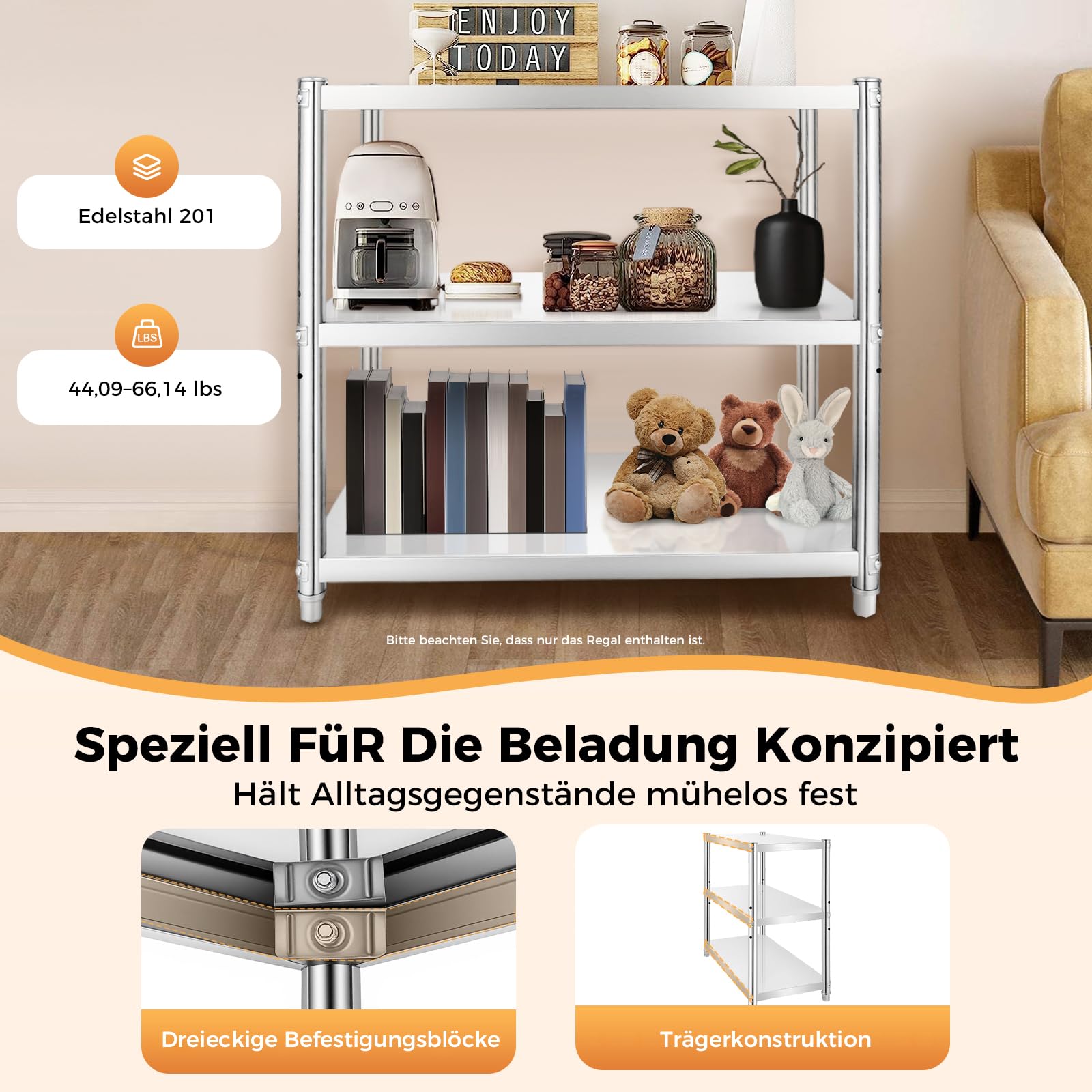 Edelstahl Regal,Metallregal Steel Eagle 80 X 80 X 40cm,Maximale Traglast 30 Kg,Edelstahl Küchenregal Schwerlastregal Standregal Küche Lagerregal Metallregall mit 3 Regalböden und Streben