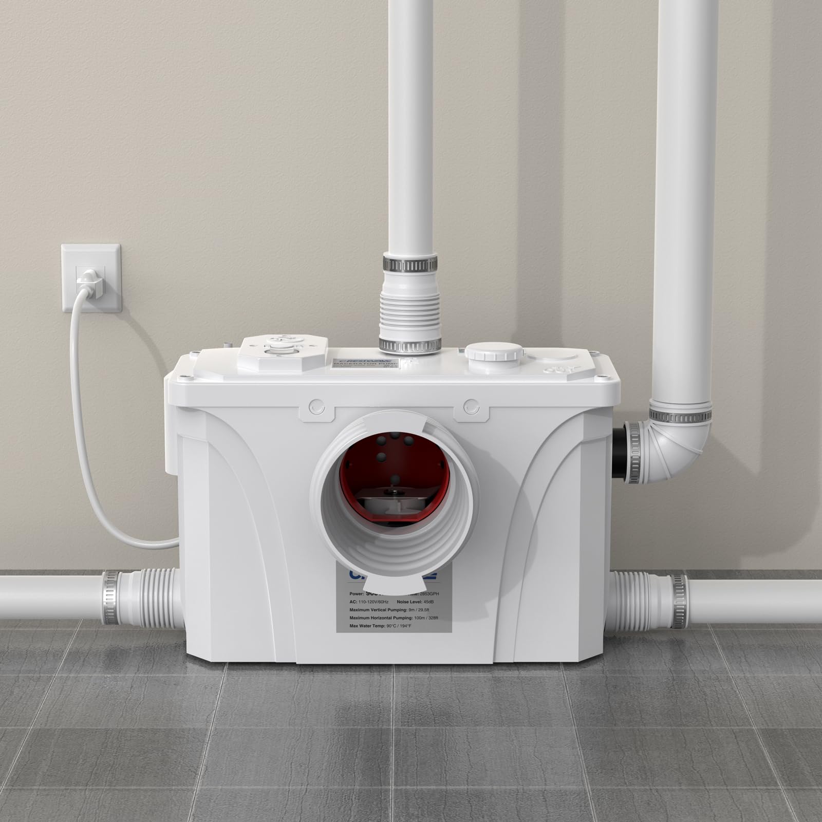 Photo 1 of CrestWave 900W Macerator Pump, Automatic Sink Pump 2200GPH High Flow, Max.H 29.5ft, Quiet 45dB, Anti-Clog Design, with Full Accessories for Off-grid Upflush in Basement Toilet Kitchen Bathroom Laundry