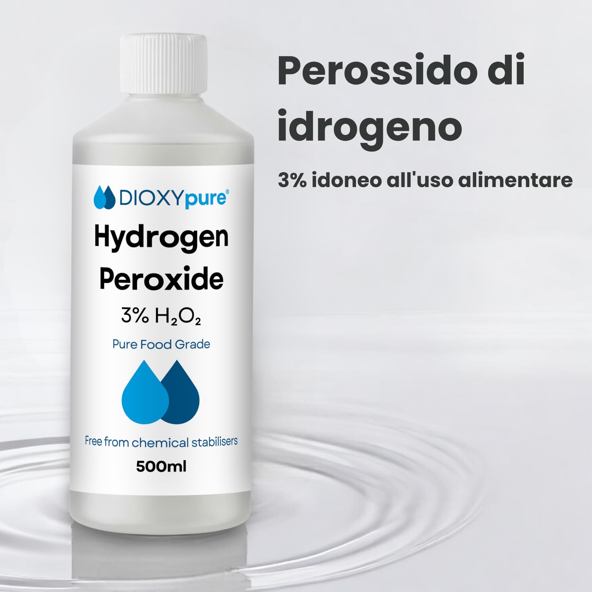 Perossido di idrogeno alimentare 3% - 500 ml - H2O2 - Acqua ossigenata - Senza stabilizzatori o additivi - Detergente naturale multiuso - Tappo di sicurezza per bambini