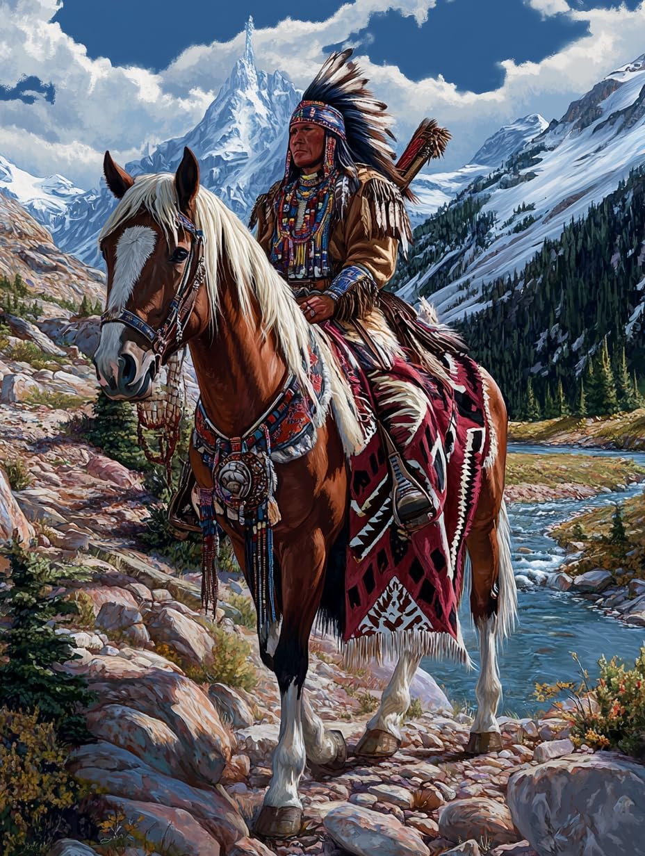 DIY Diamond Painting American Native Indian Horse 12x16 Inch, Full Round Drill Kits Mosaic Art for Adults Relax & Home Wall Decor Festival Gift 1566
