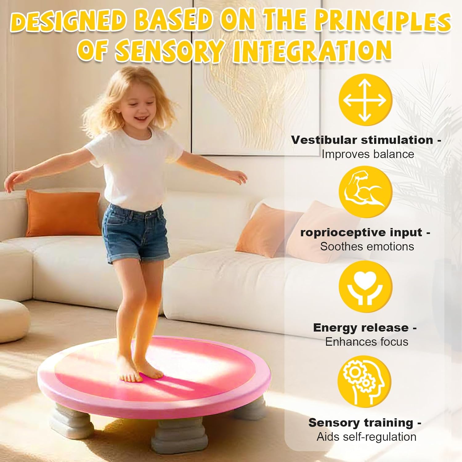 Kids Universal Trampoline Bounce Board for Boys and Girls Aged 3-12 Round Bounce Trampoline with Non-Slip Base?Kids Sensory Balance Training Equipment Pink