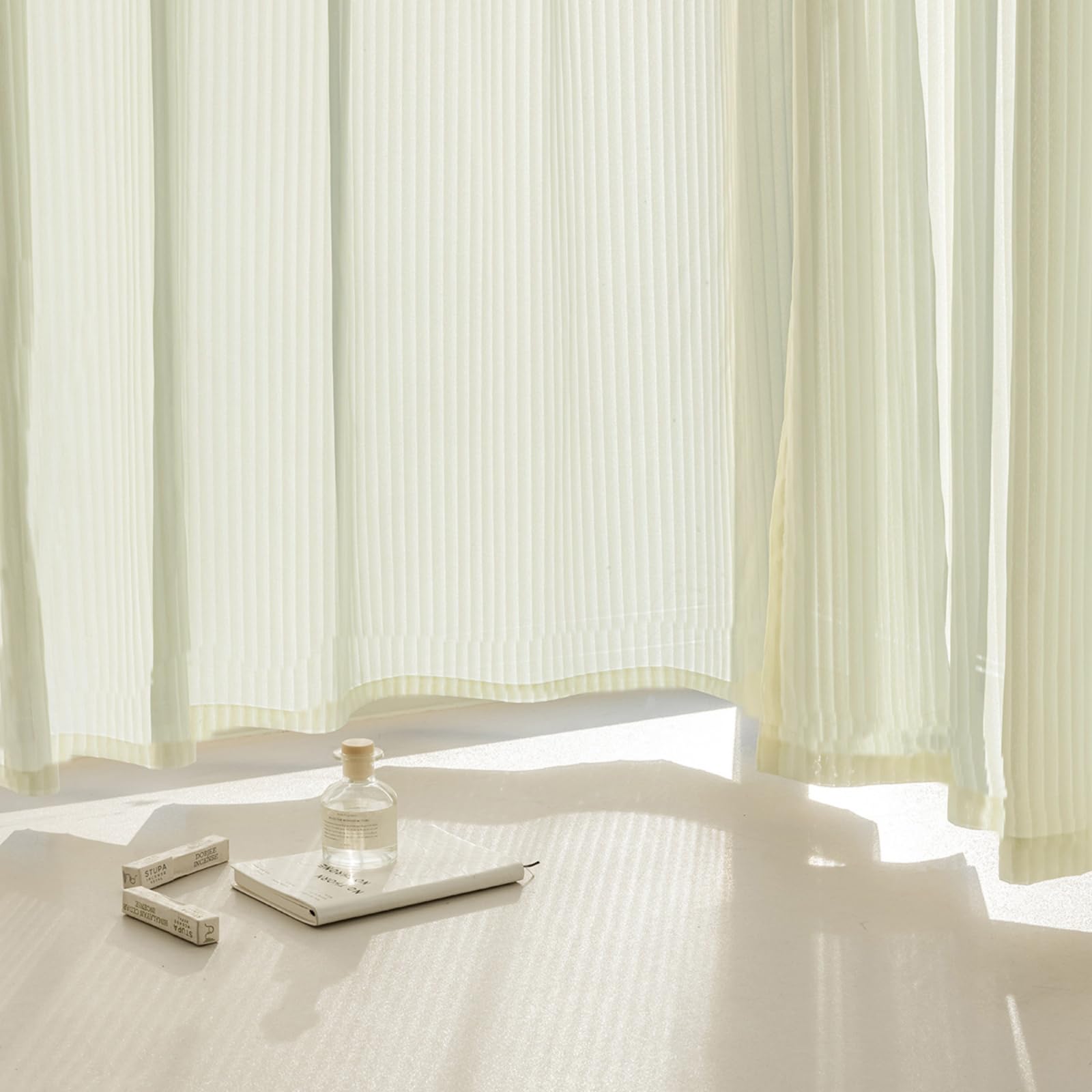 Beige Semi Sheer Privacy Curtains, Pinstripe Voile, 102inch Drapes — image 1