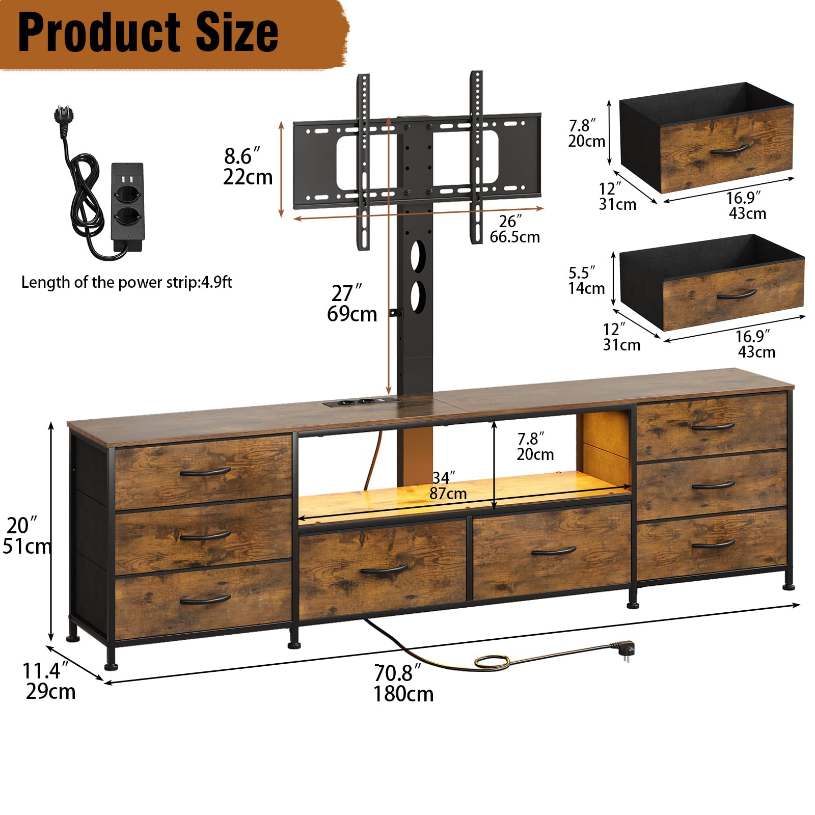 VEDECASA 180 cm TV lowboard con supporto TV, illuminazione a LED e barra delle prese, mobile TV con 8 cassetti in tessuto e vano aperto per dispositivi, tavolo TV industriale per TV da 32–80 pollici
