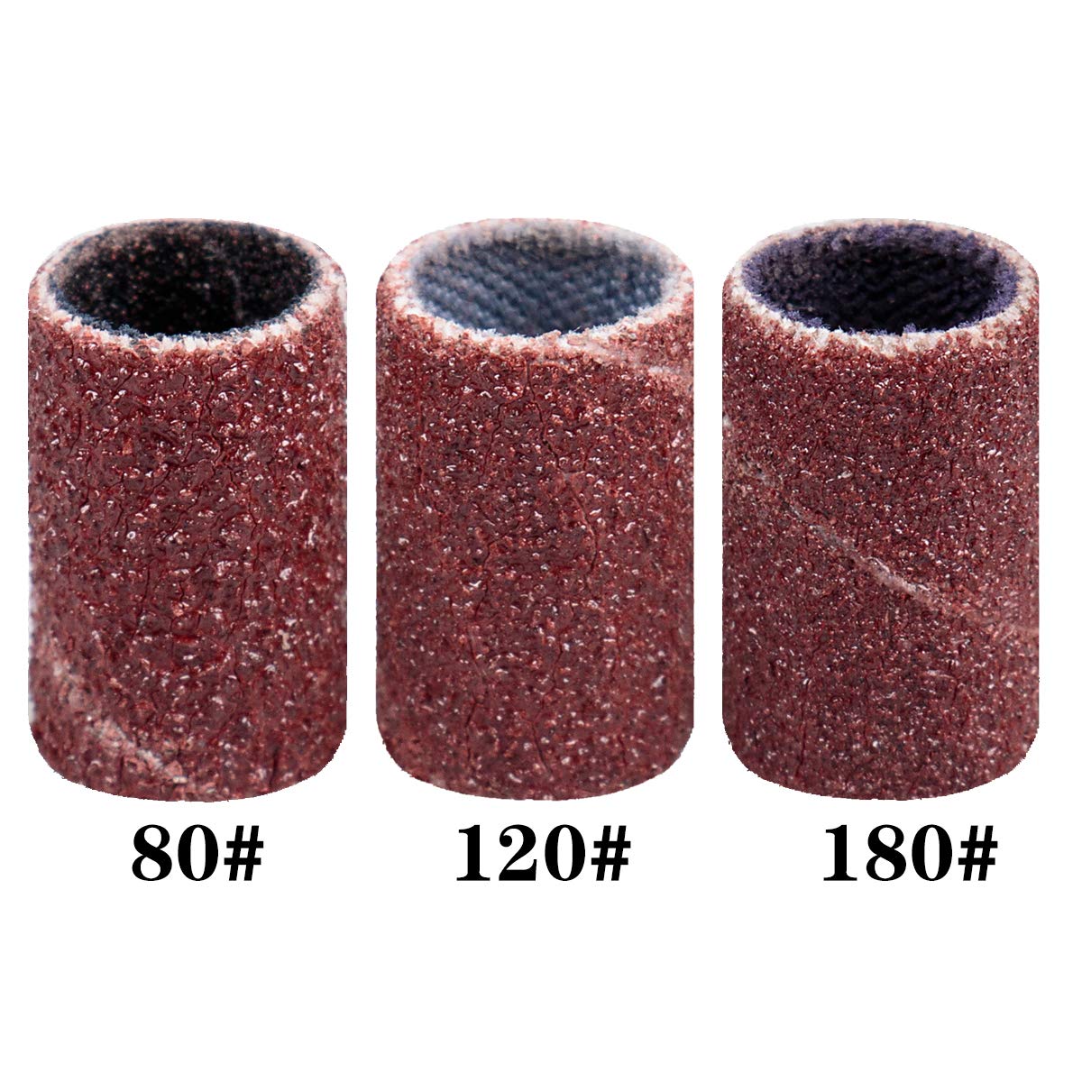 Close-up of 80, 120, and 180 grit sanding bands