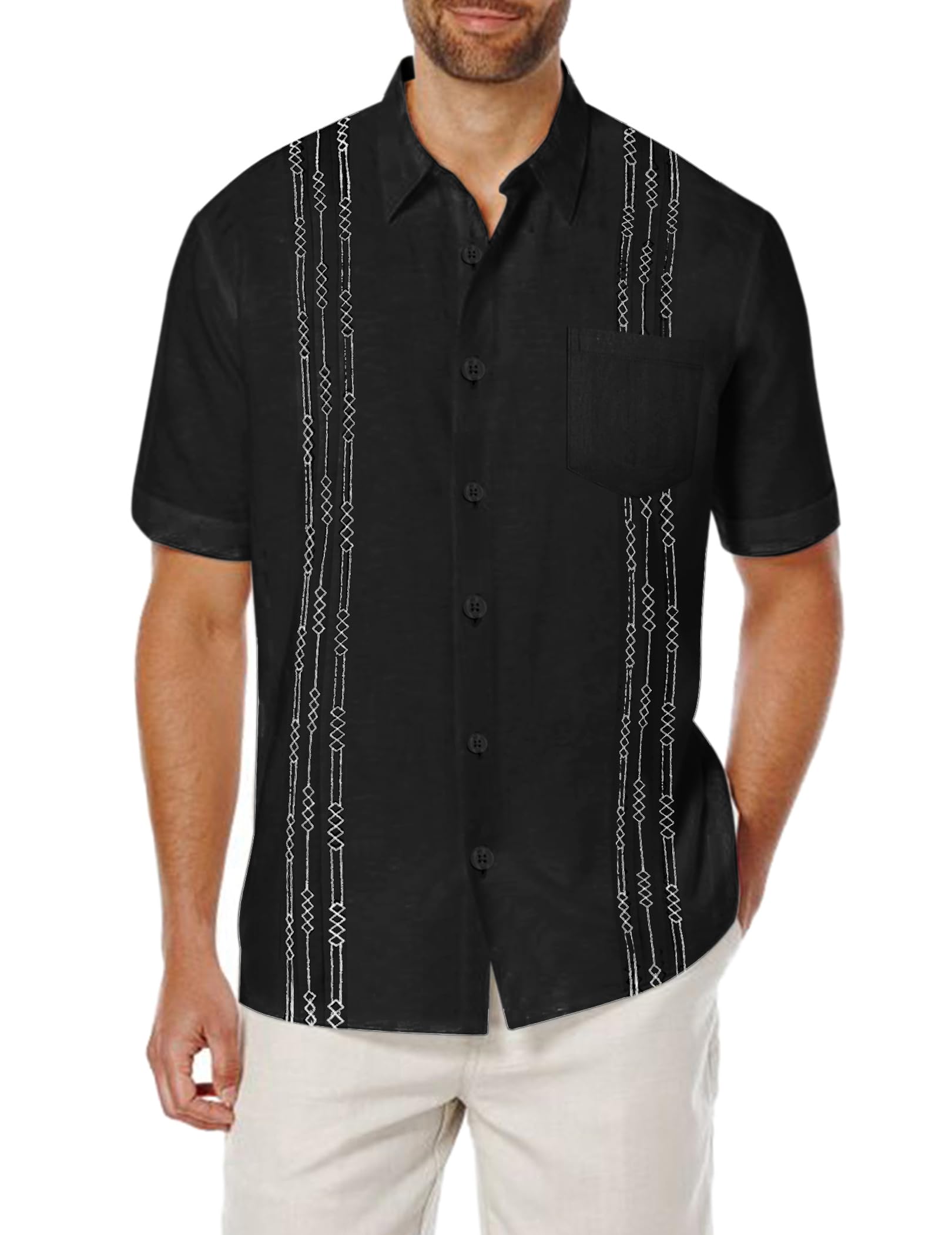 Mens Cuban Guayabera Shirt Short Sleeve Linen Button Down Shirts Casual Summer Beach Tops