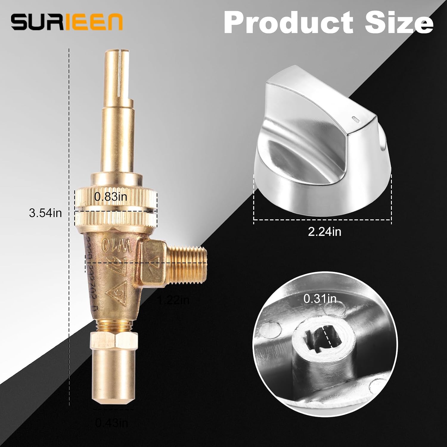 Propane Gas Control Valve 0.047" Orfice with Chromed Steel Control Knob Stem Length 1.4", Natural Brass Gas Grill Valve Replacement, Fitting for Hotel Commercial Kitchen （2pcs）