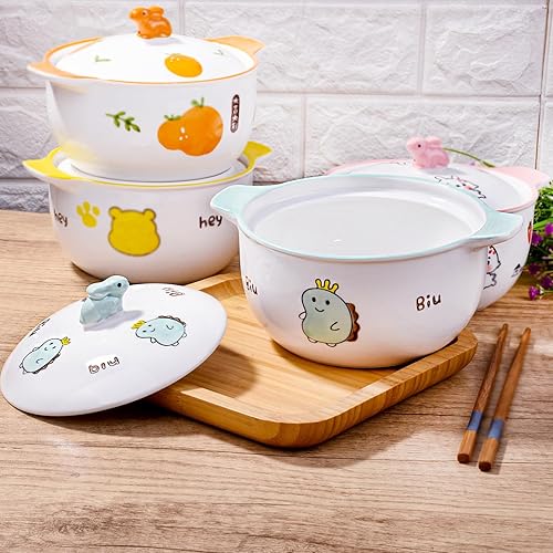 Miniatura 5 de Lindos cuencos de cerámica para ramen con tapas, aptos para microondas y lavavajillas, recipientes de almacenamiento de alimentos para cocina,