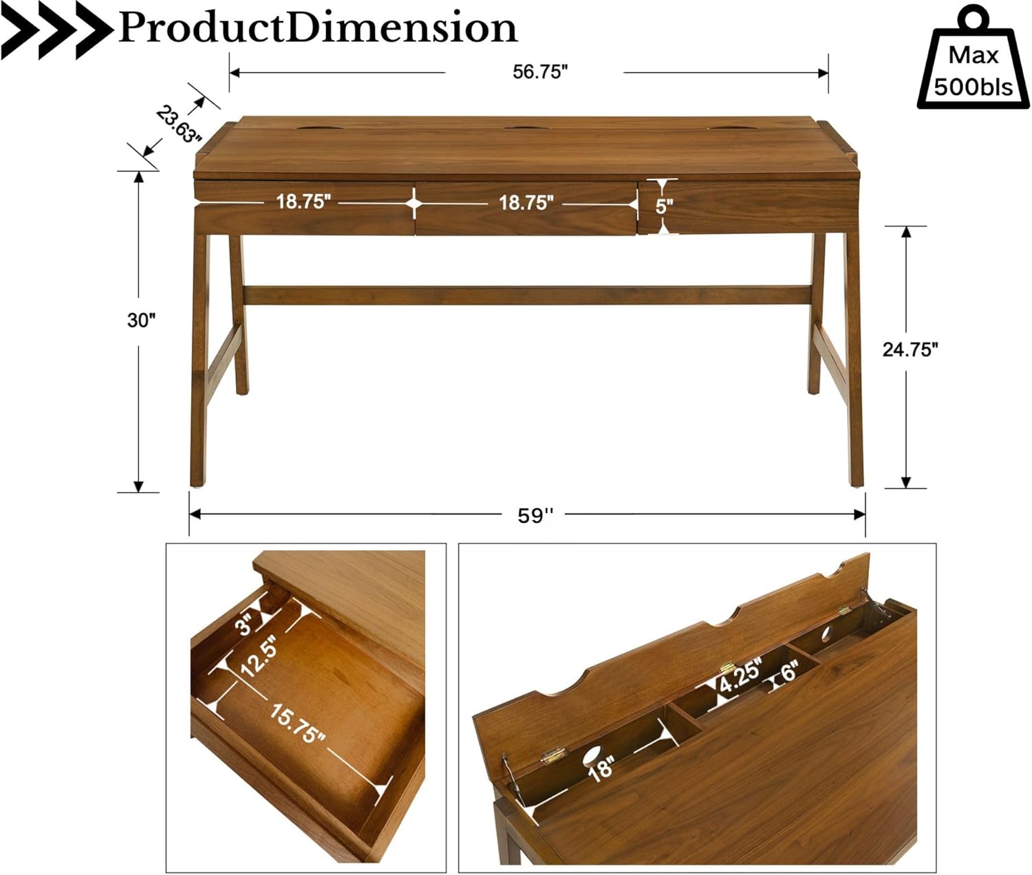 HNY 59 Inches Walnut Wooden Writing Desk with 3 Drawers, Computer Study Table with MDF Top, Solid Rubberwood Legs and Hidden Cable Management Holes, Corner Makeup Vanity Desk for Home Office, Bedroom