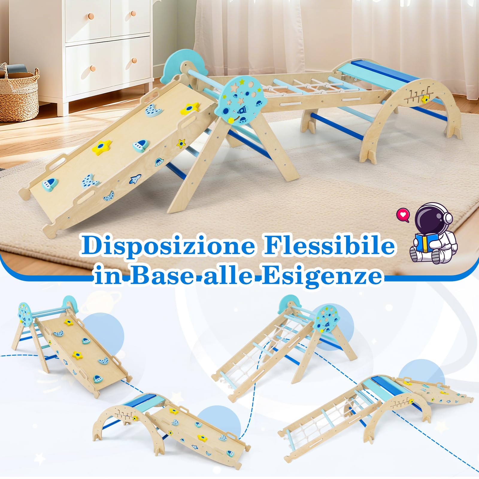 RELAX4LIFE Set da Arrampicata per Bambini, Triangolo di Arrampicata con Scivolo e Arco, Gioco di Incastri in Legno, Gioco Montessori per Bambini 1+ Anni (Astronauta-4 Pezzi | Blu)
