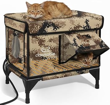 Indestructible Heated Cat House for Outside Winter, 100% Waterproof, Safe Escape Door, Insulated Outdoor Cat Shelter with Heater for Feral Barn Cat Kitty Desert Camouflage, 13"x17"x18"