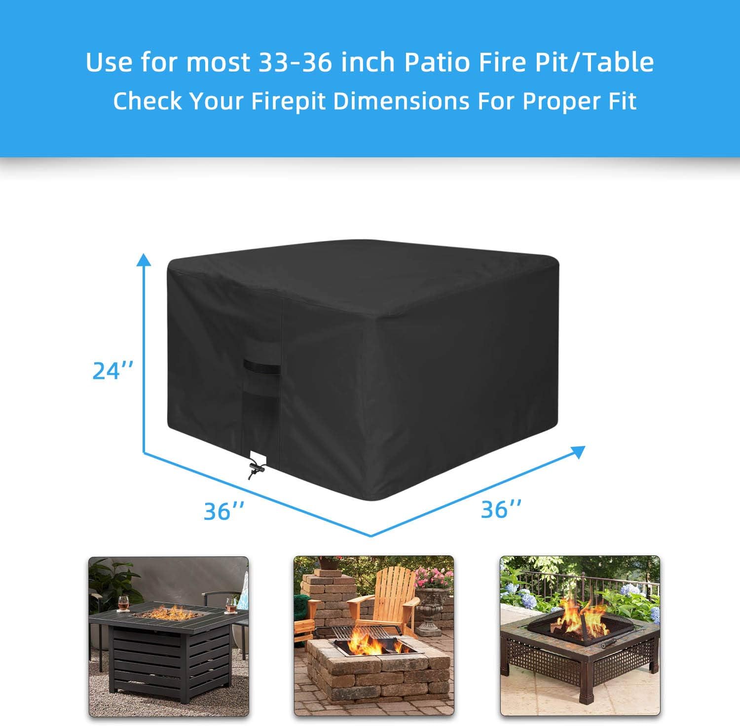 venrey Fire Pit Cover Square 36”x 36”x 24”, 600D Heavy Duty Waterproof Breathable Oxford Fabric Patio Gas Fire Table Cover, Fits for 33/34/35/36 Inch Fire Pit/Table, Indoor/Outdoor - Black
