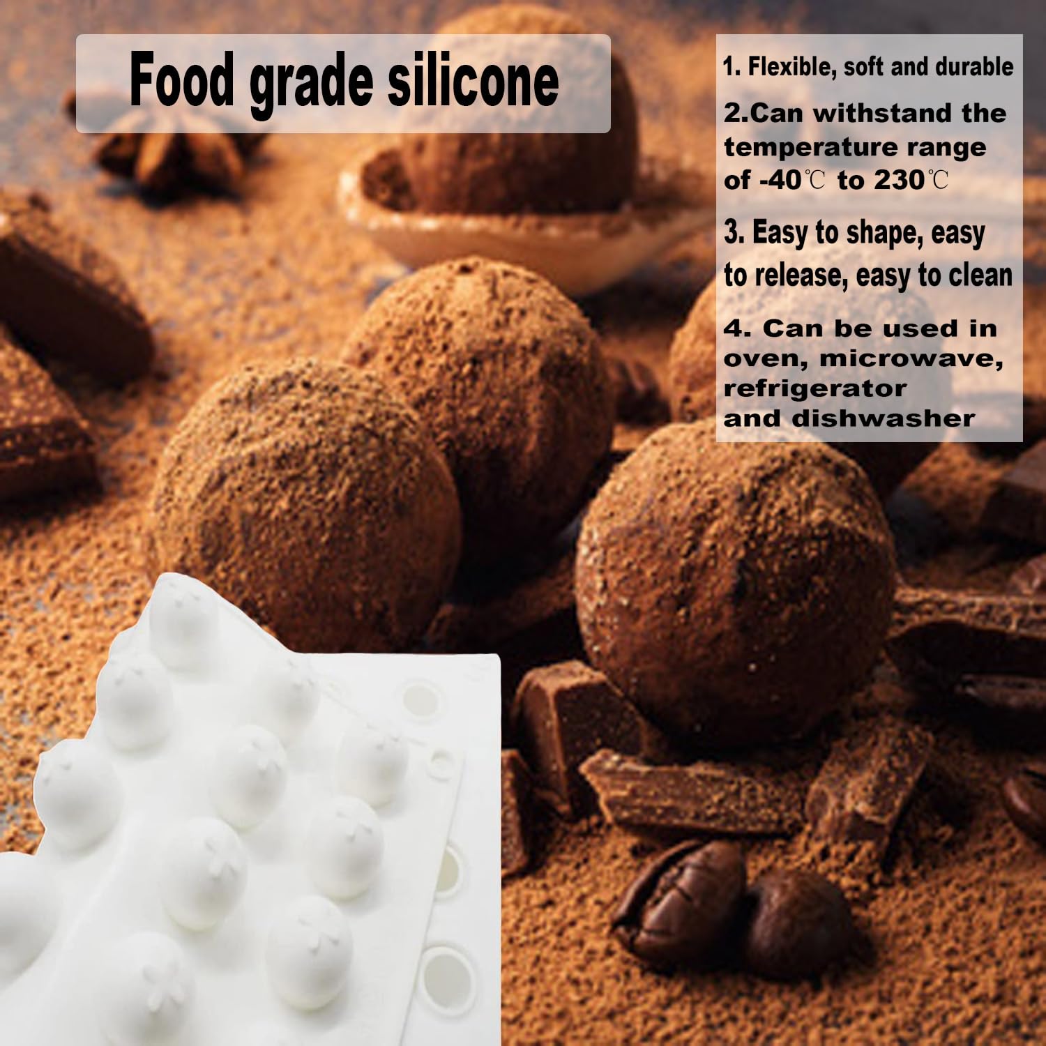 Molde Bombones, 35 Cavidades, Reutilizable Molde Silicona Esfera, Blanco, Adecuado para Hacer Bolas de Chocolate y Hielo