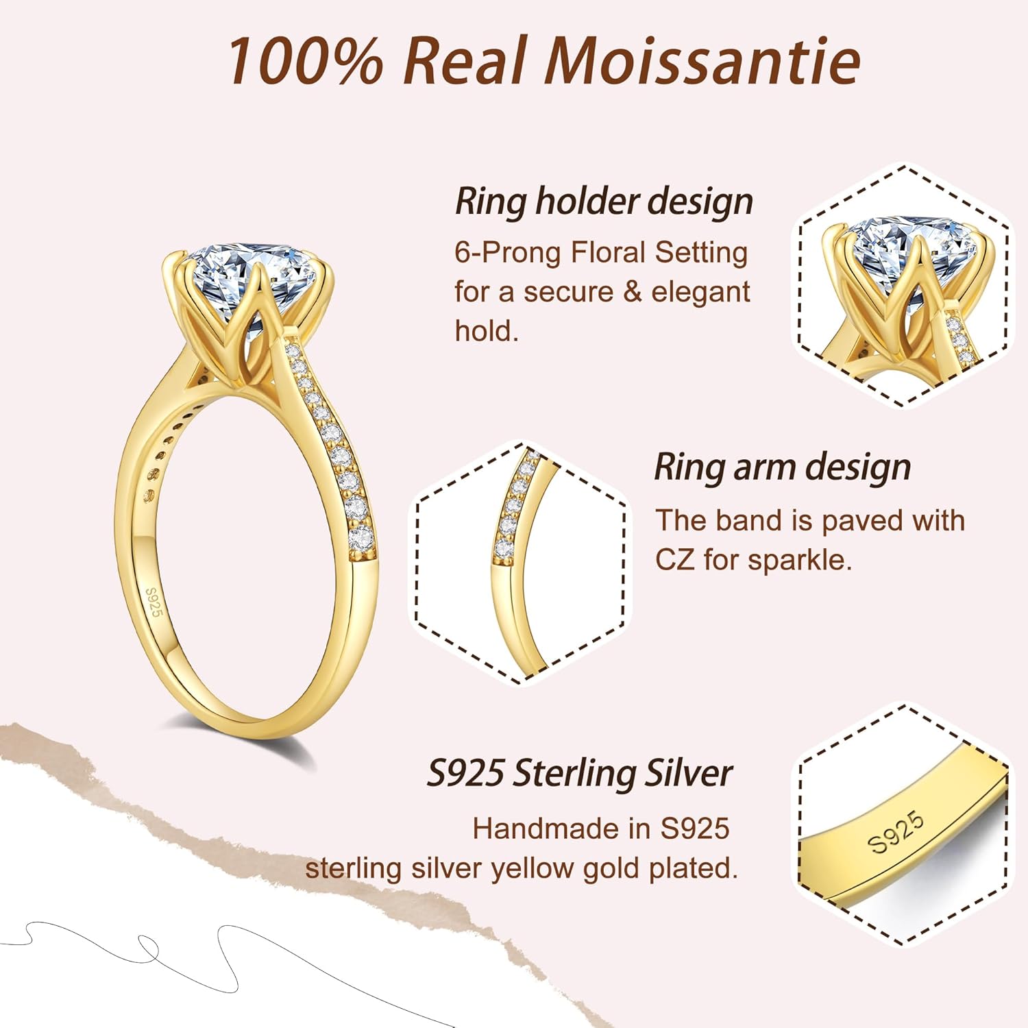 Aurora & Fiori Round Moissanite Engagement Rings for Women,1/2/3/4 CT D Color VVS1 Clarity Hola Moissanite Rings,925 Sterling Silver Engagement Ring with 18K Yellow Gold Plated Size4-10 - Image 3