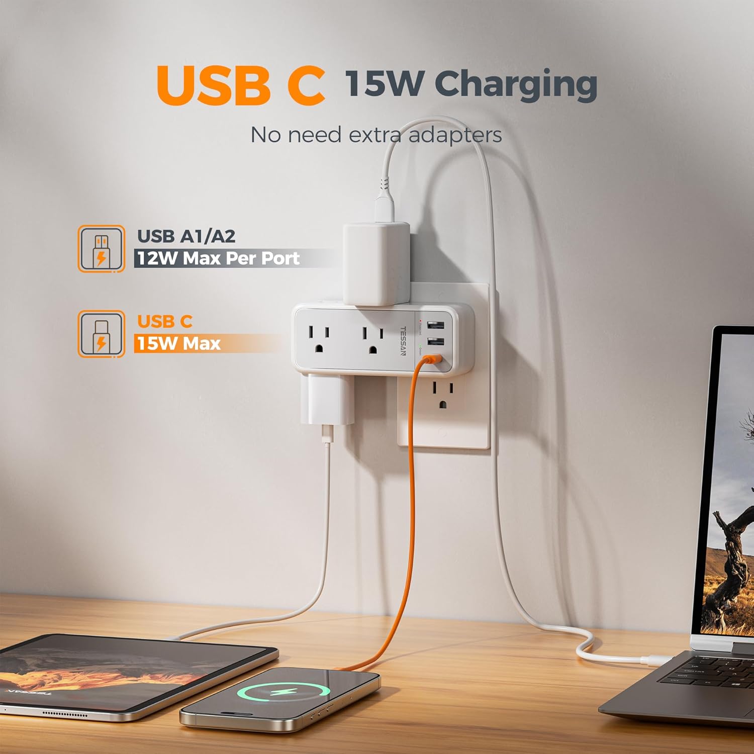 Multi Plug Wall Outlet Splitter with 360 Rotating Plug, TESSAN 1800J Surge Protector Outlet Extender with 6 AC and 3 USB Ports (1 USB C), 1875W, 3 Sided Wall Socket Expander for Home Office Dorm Room