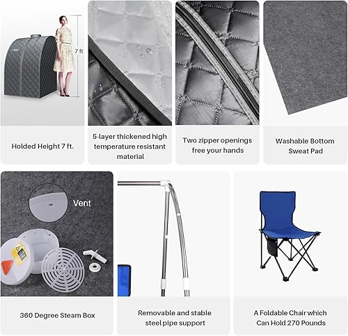 Miniatura 5 de TOREAD Sauna de vapor plegable portátil para una sola persona con generador de vapor de 1000W y 2.6L, tienda de sauna personal para relajación,